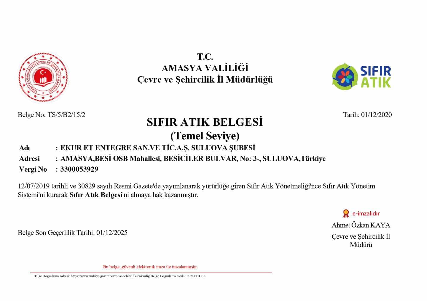 Sıfır Atık Belgesi